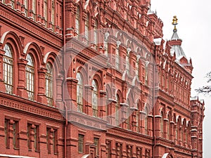Fragment of the facade of an old building of the 19th century. State historical museum on the Red Square in Moscow, Russia