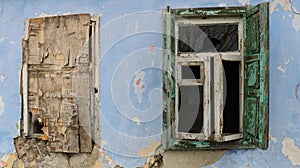 wall of an abandoned broken house with two windows