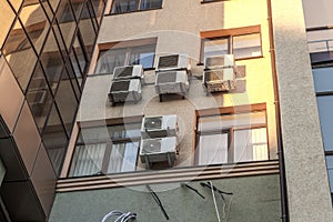Fragment of facade wall of modern glass skyscraper