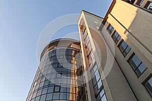 Fragment of facade wall of modern glass skyscraper