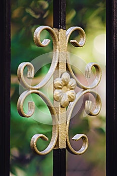 Fragment of a forged lattice, a beautiful pattern on an iron forged fence. Close-up