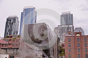 A fragment of the fountain. Waterfront park, public park on the Middle Coast, downtown, Seattle, Washington, USA. Downtown View