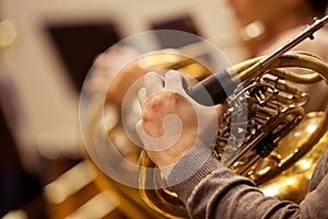 Fragment of a French horn in the hands of the musician