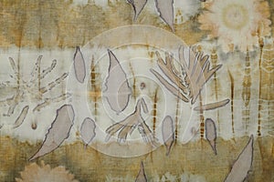 Fragment of hand-dyed fabric using eco-print technique