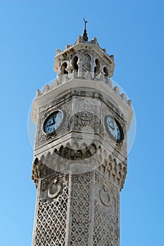 Fragment historical the Clock Tower with a large clock in Izmir, Turkey.