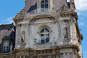 Fragment of the Hotel de Ville City Hall in Paris, France. It serves multiple functions, housing the administration, the Mayor