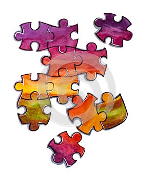 Fragment of an incomplete jigsaw puzzle with sunset illustration isolated on white..