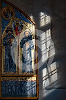 A fragment of the interior of the Church of the Assumption in Vilnius is illuminated by sunlight