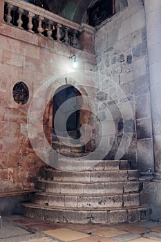 Fragment of the interior of the Church of the Holy Sepulchre in Jerusalem, Israel. Steps to Golgotha.