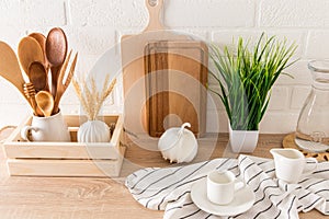 A fragment of the interior of a modern kitchen. various kitchen utensils on a countertop with a houseplant. eco-subjects