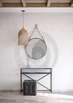 Fragment of an interior with a wicker lampshade, mirror, a pouffe and a metal console, with incident light. 3d rendering photo