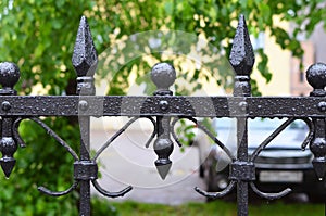 Fragment of iron fencing during a summer rain