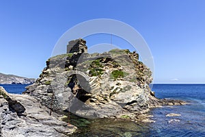 Fragment of the Kastro fortress and arched bridge on Andros Island Greece, Cyclades
