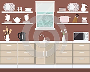 Fragment of the kitchen interior in a brown color