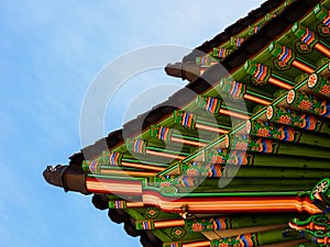 Fragment of korean traditional wooden roof. Gyeongbokgung Palace. Seoul, South Korea