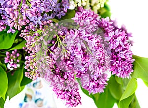 A fragment of a lilac bouquet in a porcelain vase