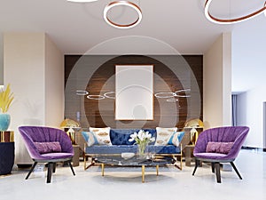 Fragment of the lobby of the five stars luxury hotel. luxurious sofa with chairs and a magazine table with flowers. Lounge area.