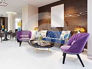 Fragment of the lobby of the five stars luxury hotel. luxurious sofa with chairs and a magazine table with flowers. Lounge area.
