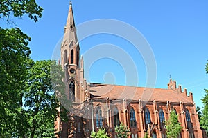 Fragment of Lutheran church of Haynrikhsvalde 1869 against the background of the sky. Slavsk, Kaliningrad region