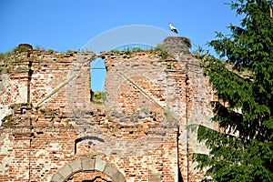 Fragment of Lutheran church Lyappinen`s Alto 1703 with a stork in a nest. Settlement Big Banks, Kaliningrad region