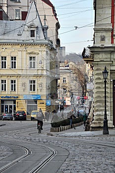 Fragment Lviv street, cyclist