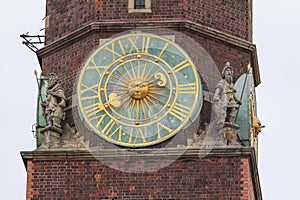 Fragment of the main tower of the city hall, Wroclaw, Poland