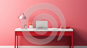 Fragment of minimalist monochrome interior of modern office room in pastel carmine red and pink tones. Large desktop