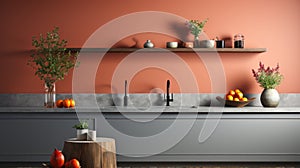 Fragment of modern classic kitchen. Gray countertop with built-in sink and black faucet. Terracotta wall with open shelf