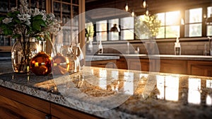 Fragment of a modern kitchen in a luxury home. Quartz countertops, wood cabinets, glazed shelves, table decor, flowers