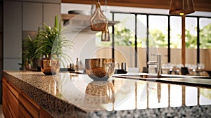 Fragment of a modern kitchen in a luxury home. Quartz stone countertops, wood cabinets, kitchen island, table decor