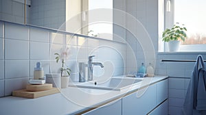 Fragment of a modern luxury bathroom with white tile walls. White countertop with sink, chrome faucet and soap dispenser