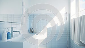 Fragment of a modern luxury bathroom with white tile walls. White countertop sink, chrome faucet, various bottles and