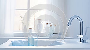 Fragment of modern luxury scandi bathroom with white walls and window. White countertop sink, chrome faucet with running
