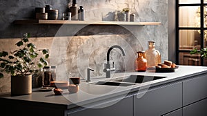 Fragment of modern minimalist gray kitchen. Stone countertop with built-in sink and black faucet. Wall shelf with