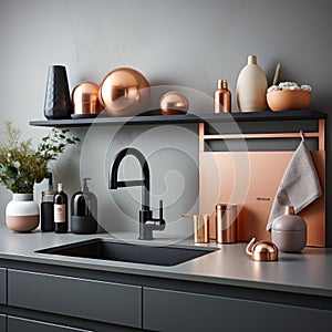 Fragment of modern minimalist kitchen. Gray countertop with built-in sink and black faucet. Gray wall, flowers in a vase