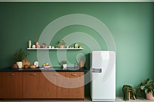 Fragment of modern minimalist kitchen with green wall and white retro refrigerator. Black countertop and wooden facades