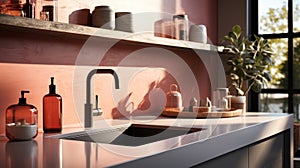 Fragment of modern minimalist kitchen. White stone countertop with built-in sink and black faucet. Peach tone wall