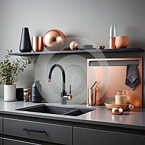 Fragment of modern minimalist luxury kitchen. Gray countertop with built-in sink and black faucet. Gray wall, various