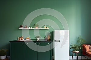 Fragment of modern Scandi style kitchen with green wall and white retro refrigerator. Black countertop with sink, green
