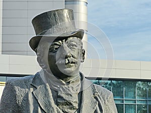 Fragment monument to Brothers Lumiere. The figure elder brother Lumiere Auguste Louis 1862-1954. Next to the brothers