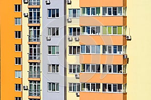 A fragment of a multi-storey building in the capital of Ukraine. The concept of the construction of new buildings.