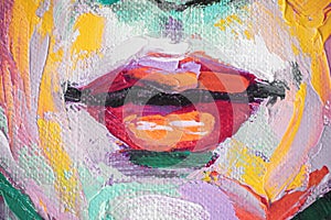 Fragment Oil portrait painting in multicolored tones. Abstract picture of a beautiful woman. Conceptual closeup of an