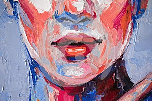 Fragment Oil portrait painting in multicolored tones. Abstract picture of a beautiful woman. Conceptual closeup of an