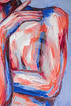 Fragment Oil portrait painting in multicolored tones. Abstract picture of a beautiful woman. Conceptual closeup of an