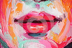 Fragment Oil portrait painting in multicolored tones. Abstract picture of a beautiful woman. Conceptual closeup of an