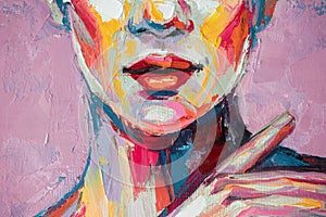 Fragment Oil portrait painting in multicolored tones. Abstract picture of a beautiful woman. Conceptual closeup of an