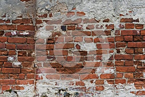 Fragment of old brick wall with multicolored bricks and tones, background