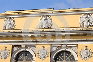 Fragment of an old building in the classical style in the center of St. Petersburg.