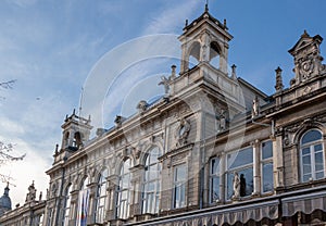 Fragment of old building facade with rich decoration in Ruse, Bulgaria. The Opera is historical baroque building, built in 1902 photo