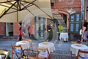 fragment of the old Lviv street, cafe